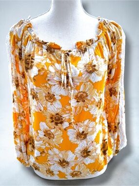 Maurices Yellow Floral & Crochet Lace Peasant Blouse - Size S Bohemian